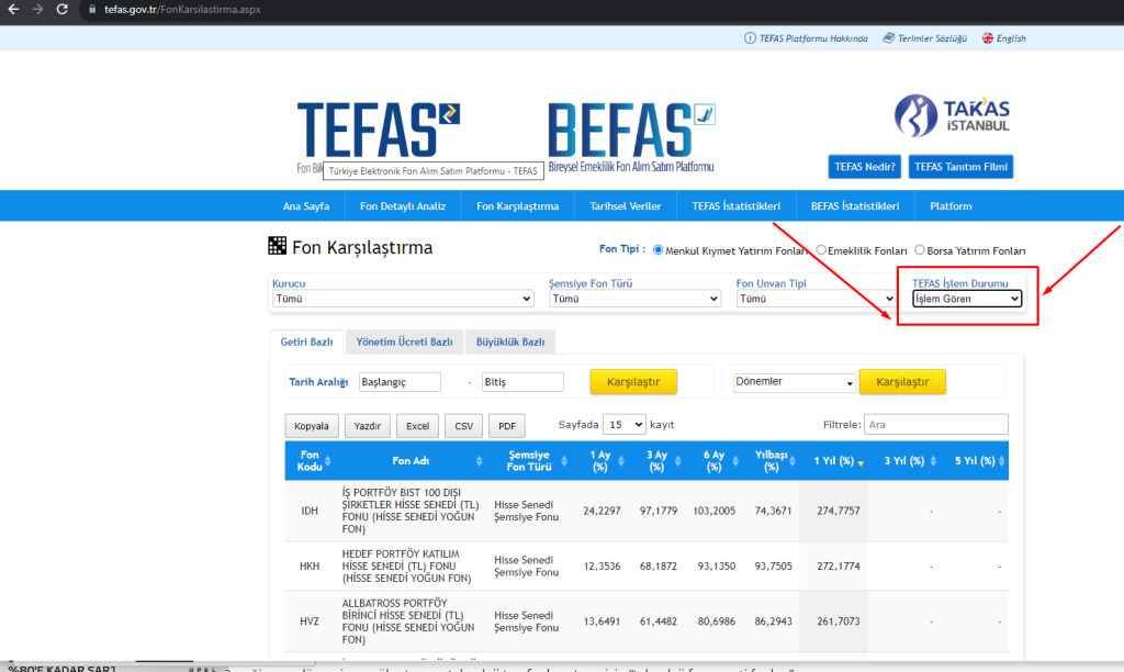 TEFAS üzerinde fon inceleme işlemi.